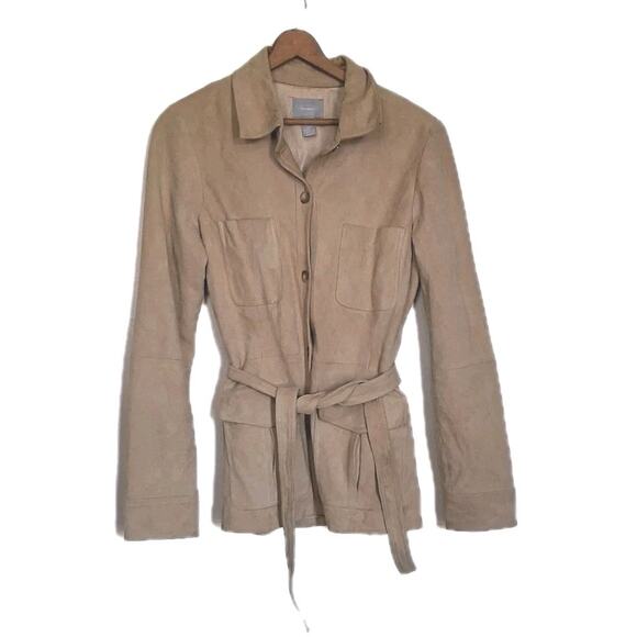 Vtg Y2K Old Navy 100% Suede Leather Jacket Womens M Medium Belted Peacoat Camel - Picture 1 of 8